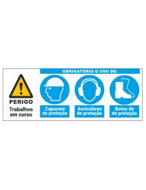 Placa 80x30cm Obrigatório usar capacete, auriculares e botas Placa 80x30cm Obrigatório usar capacete, auriculares e botas