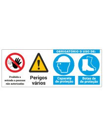 Placa 80x30cm Perigo - Não entrar - Obrigatório usar capacete e botas Placa 80x30cm Perigo - Não entrar - Obrigatório usar capacete e botas