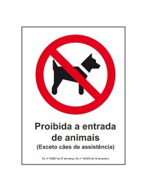 Placa Proibida a entrada de animais - exceto cães de assistência - 15x20cm Placa Proibida a entrada de animais - exceto cães de assistência - 15x20cm